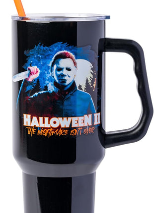 Silver Buffalo Halloween II “The Nightmare Isn’t Over” Stainless Steel Tumbler with Handle Featuring Michael Myers, Fits in Standard Cup Holder, 40 Ounces