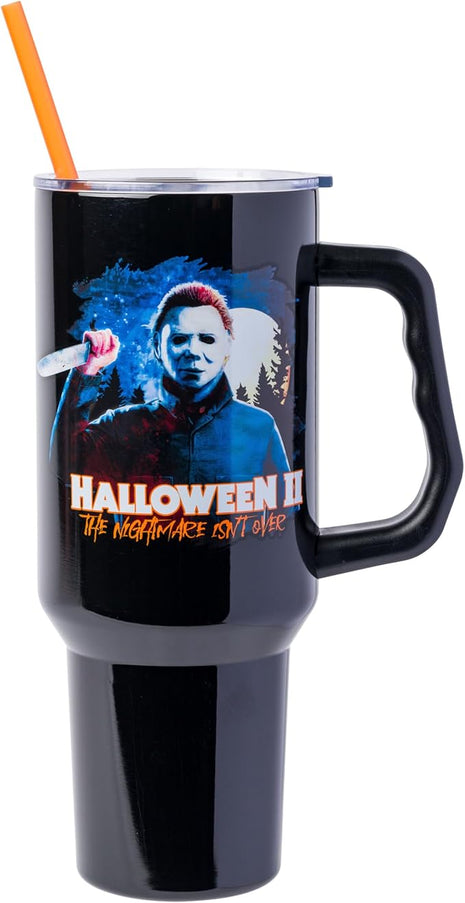 Silver Buffalo Halloween II “The Nightmare Isn’t Over” Stainless Steel Tumbler with Handle Featuring Michael Myers, Fits in Standard Cup Holder, 40 Ounces