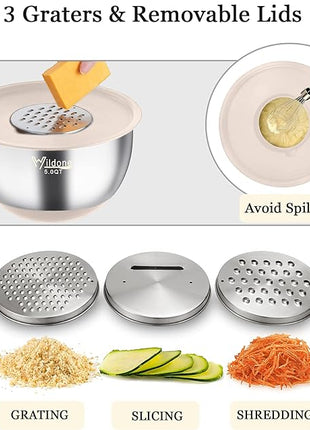 Wildone Mixing Bowls with Airtight Lids, 22 PCS Stainless Steel Nesting Bowls, with 3 Grater Attachments, Scale Marks & Non-Slip Bottom, Size 5, 4, 3, 2,1.5, 0.63QT, Ideal for Mixing & Prepping