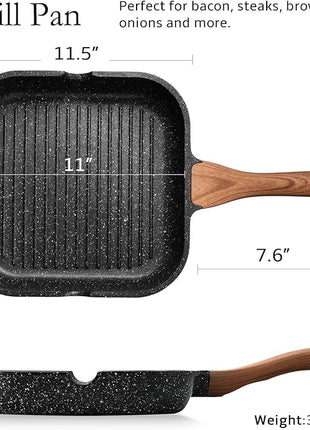 ESLITE LIFE 11 Inch Nonstick Grill Pan for Indoor Cooking, Versatile Induction Square Large Grilling Skillet Steak Pan for Stove Tops, PTFE & PFOA Free, Black