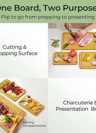 Wood Cutting Board for Kitchen - Reversible Bamboo Cutting Boards Gift Set of 3 with Juice Groove, Wooden Chopping Board for Meat, Fruit, Vegetables & Cheese (Pre Oiled, Natural)