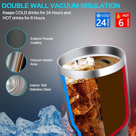 30oz Tumbler, 2 Packs Stainless Steel Double Wall Vacuum Insulated Tumbler Travel Mug With 8Pcs Reusable Straw, 2Pcs Slider Lid, Cleaning Brush, 2Pcs Handles (Black + Purple)