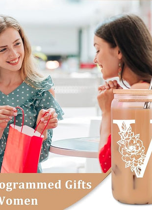 Coolife Initial Glass Cup, Monogrammed Gifts for Women, 16 oz Glass Cups w/Lids Straws, Iced Coffee Smoothie Beer Tumbler w/Straw Lid - Personalized Christmas, Birthday Gifts for Her Mom Friend Woman