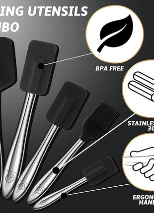 5pcs Silicone Spatula Cooking Utensils Set with Stainless Steel Handles, Premium Heat-Resistant Kitchen Utensils for Baking, Spoonula & Silicone Brush Included, Safe for Nonstick Cookware (Black)