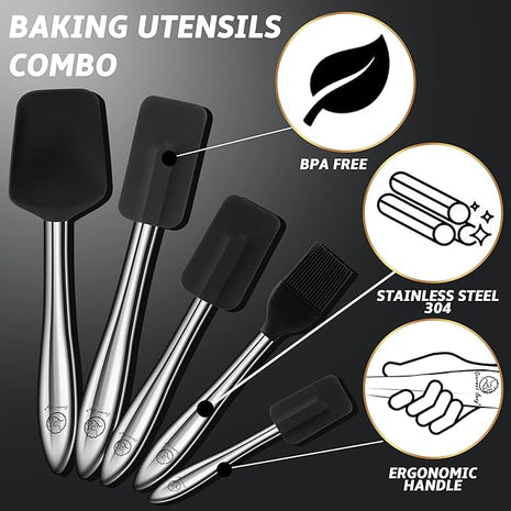 5pcs Silicone Spatula Cooking Utensils Set with Stainless Steel Handles, Premium Heat-Resistant Kitchen Utensils for Baking, Spoonula & Silicone Brush Included, Safe for Nonstick Cookware (Black)