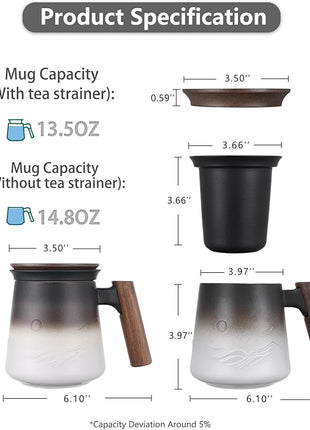 ZENS Tea Mug with Infuser and Lid for Loose Leaf Tea Steeper, 14.5 oz Embossed Ceramic Tea Cup with Fine Strainers and Wood Handle, Diffusers Accessories for Tea Lovers Gifts