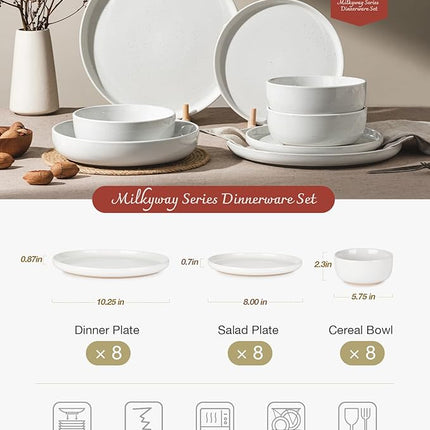 Famiware Milkyway Dinnerware Sets, 24 Piece Dish Set, Plates and Bowls Sets for 8, White