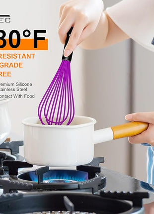HOTEC 4 Pieces Silicone Whisks for Cooking, Wire Balloon Whisks Egg Beater, Non-slip Handle Whisk for Non-stick Cookware Perfect for Cooking, Stirring, Beating and Blending (Purple)