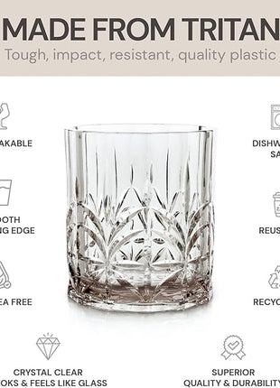 BELLAFORTE Shatterproof Tritan Plastic Short Tumbler, Set of 4, 13oz - Myrtle Beach Unbreakable Crystal Cut Old Fashioned Drinking Glasses for Whiskey - BPA Free - Dishwasher Safe - Grey