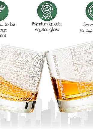 Greenline Goods Whiskey Glasses - 10 Oz Tumbler Set for St Louis lovers, Etched with St Louis City Map Old Fashioned Rocks Glass - Set of 2