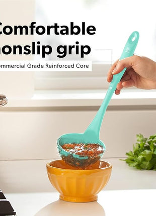 DI ORO Silicone Ladle & Spoons for Cooking – Large Kitchen Spoons for Mixing, Serving, & Stirring - Soup Ladle with Wide Bowl - High Heat Silicone Kitchen Utensils for Nonstick Cookware Safe (Mint)