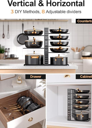 MUDEELA Pots and Pans Organizer Rack under Cabinet 14.55in Height, 8-Tiers Adjustable Pot Rack with 3 DIY Methods, Pot Lid Organizer inside Cabinet for Kitchen Pantry Organization and Storage