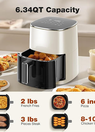 Sweetcrispy 6QT Air Fryer with Window, Square Airfryer Oven 12-in-1 for Family, 400°F Rapid Air Crispy Technology, Roast Bake Dehydrate, Nonstick & Easy-Clean Basket,Off-White