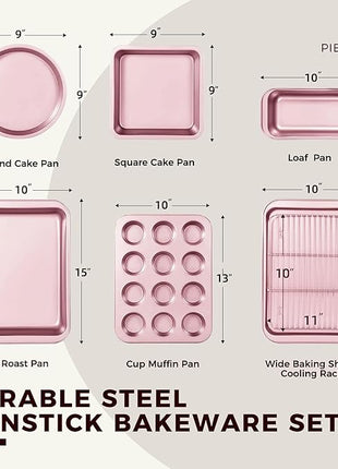 KITESSENSU Baking Pans Sets, Nonstick Bakeware Sets 7-Piece with Round/Square Cake Pan, Loaf Pan, Muffin Pan, Cookie Sheet, Roast Pan, Cooling Rack, Carbon Steel Bake Set Pink