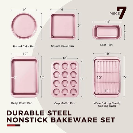 KITESSENSU Baking Pans Sets, Nonstick Bakeware Sets 7-Piece with Round/Square Cake Pan, Loaf Pan, Muffin Pan, Cookie Sheet, Roast Pan, Cooling Rack, Carbon Steel Bake Set Pink