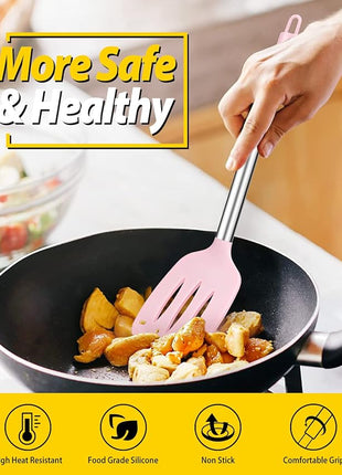 Pack of 2 Silicone Solid Turner, Non Stick Slotted Kitchen Spatulas, High Heat Resistant BPA Free Cooking Utensils, Ideal Cookware for Fish, Eggs, Pancakes(Pink)