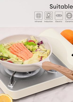 JEETEE 8 Inch Nonstick Frying Pan, Stone Coating Cookware, Nonstick Omelette Pan with Heat-Resistant Handle, Compatible with All Stoves (Beige)