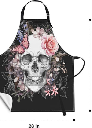 Britimes Apron Home Kitchen Cooking Baking Gardening for Women Men with Pockets Skull Flowers Vintage Rose Floral 32x28 inch