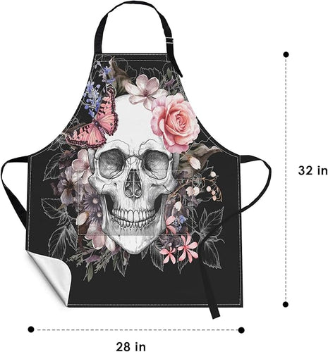 Britimes Apron Home Kitchen Cooking Baking Gardening for Women Men with Pockets Skull Flowers Vintage Rose Floral 32x28 inch