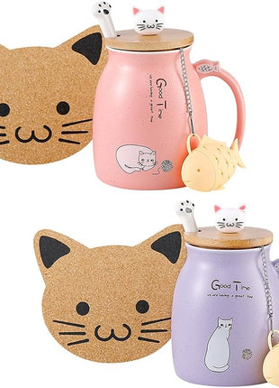 BigNoseDeer 2Pcs Kawaii Cat Mug Cute Tea Cup with Infuser Ceramic Coffee Mugs Cute Cool Preppy Stuff Gifts for Women Birthday Gifts for Cat lovers13oz