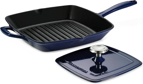 Tramontina Bestow Enameled Cast Iron Grill Pan with Press, 11-inch, Blue