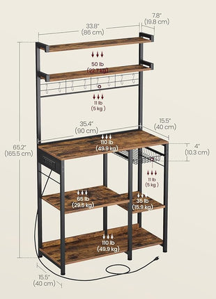 VASAGLE Bakers Rack with Power Outlet, 35.4 Inches Microwave Stand, Coffee Bar, 4 AC Outlets, with Adjustable Shelves, 8 S-Hooks, Basket, Spice Racks, Rustic Brown and Ink Black UKKS031K01