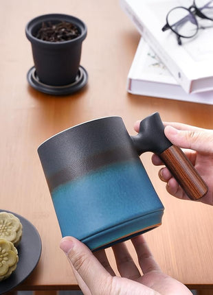 ZENS Gradient Blue Tea Cup with Infuser and Lid, 14.5oz Wood Handle Tea Mug, Loose Leaf Tea Steeper & Strainer, Tea Lovers Gifts