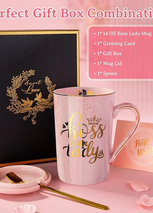 Biching Boss Lady Gifts for Women - Unique Birthday Gift for Women, Friend, Coworkers, Colleagues, Boss Female - Appreciation Mothers Day Gifts - 14Oz Marble Ceramic Coffee Mug Pink