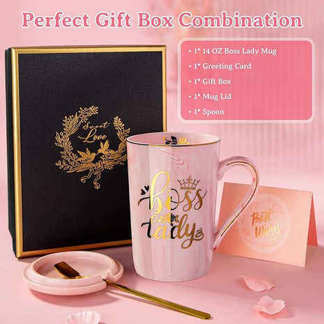Biching Boss Lady Gifts for Women - Unique Birthday Gift for Women, Friend, Coworkers, Colleagues, Boss Female - Appreciation Mothers Day Gifts - 14Oz Marble Ceramic Coffee Mug Pink