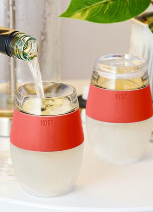 Host Cooling Wine Freeze Cup with Lid, Set of 2 Plastic Double Wall Insulated Wine Tumbler Drink Cups with Freezing Gel for Red and White Wine, Coral