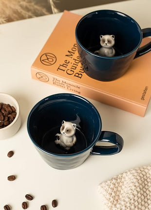 DIHOclub Racoon Ceramic Cup Hidden 3D Animal Inside Mug,Cute Cartoon Handmade Figurine Mugs,Holiday and Birthday Gift for Coffee Milk Tea Lovers,12 OZ(Dark Blue)