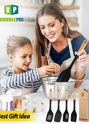 Pack of 4 Silicone Kitchen Utensils Set, Non Stick Solid Spatulas and Heat Resistant Slotted Spoons with Wooden Handle, Ideal BPA Free Cooking Utensils for Mixing,Serving,Turning,Stirring(BLACK)