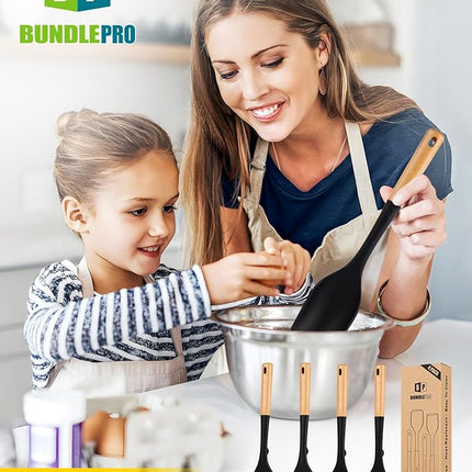 Pack of 4 Silicone Kitchen Utensils Set, Non Stick Solid Spatulas and Heat Resistant Slotted Spoons with Wooden Handle, Ideal BPA Free Cooking Utensils for Mixing,Serving,Turning,Stirring(BLACK)