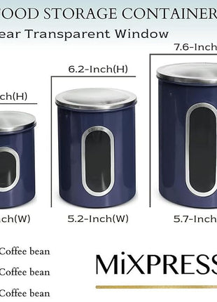 Mixpresso 3-Piece Blue Canisters Sets For The Kitchen, Airtight Canister Set With See Through Window, Storage Jars for Coffee Container, Tea Organizer & Sugar Canister, Blue Kitchen Canisters