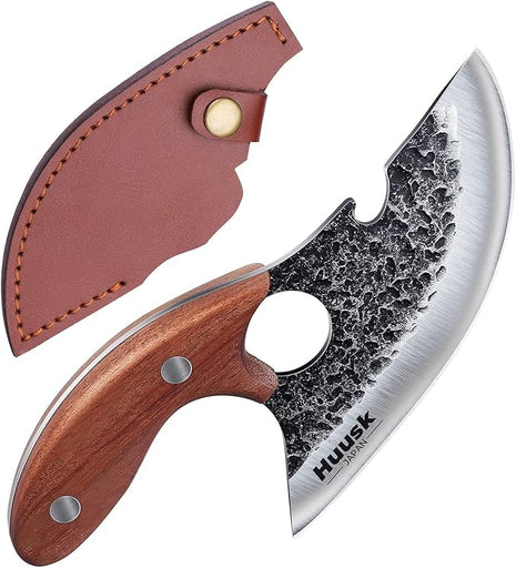 Huusk Knives, Viking Boning Knife for Meat Cutting, Small Ulu knives, Caveman Ultimo Knives Hand Forged Full Tang Knives for Kitchen or Camping Christmas Gift