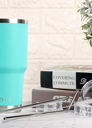 D·S 30oz Mint Tumbler Stainless Steel Double Wall Vacuum Insulated Mug with Straw and Lid, Cleaning Brush for Cold and Hot Beverages