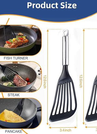 KSENDALO Fish Spatula for Nonstick Pans 2-Pack - Thin Turner for Eggs & Fish | LFGB Nylon, 10,000+ Reviews | Dishwasher Safe
