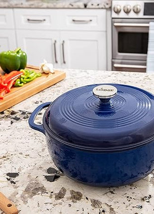 Lodge 7.5 Quart Enameled Cast Iron Dutch Oven with Lid – Dual Handles – Oven Safe up to 500° F or on Stovetop - Use to Marinate, Cook, Bake, Refrigerate and Serve – Indigo