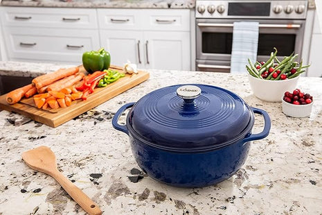 Lodge 7.5 Quart Enameled Cast Iron Dutch Oven with Lid – Dual Handles – Oven Safe up to 500° F or on Stovetop - Use to Marinate, Cook, Bake, Refrigerate and Serve – Indigo