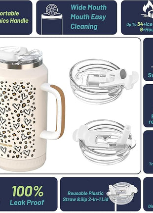 Hydraful 64 oz Tumbler with Handle and Straw - 100% Leak-Proof - Insulated Cup Reusable Stainless Steel Large Water Bottle Travel Mug for Gym, Hiking, and Camping - Gifts for Women Men Him Her