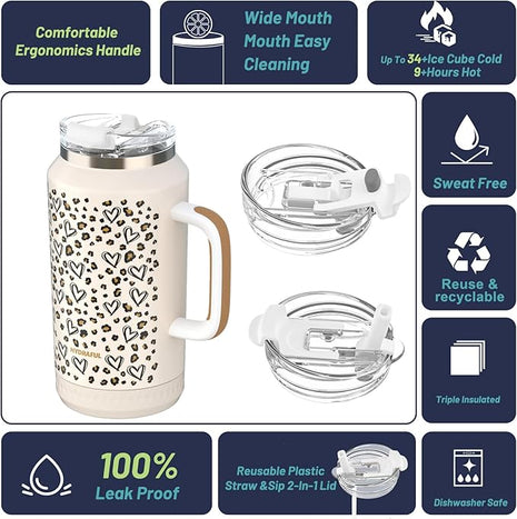 Hydraful 64 oz Tumbler with Handle and Straw - 100% Leak-Proof - Insulated Cup Reusable Stainless Steel Large Water Bottle Travel Mug for Gym, Hiking, and Camping - Gifts for Women Men Him Her