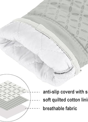 KEGOUU Oven Mitts and Pot Holders 6pcs Set, Kitchen Oven Glove High Heat Resistant 500 Degree Extra Long Oven Mitts and Potholder with Non-Slip Silicone Surface for Cooking （Greenish Gary）