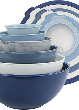 COOK WITH COLOR Mixing Bowls with TPR Lids - 12 Piece Plastic Nesting Bowls Set includes 6 Prep Bowls and 6 Lids, Microwave Safe Mixing Bowl Set (Blue and White)