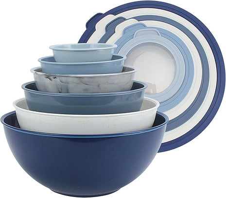 COOK WITH COLOR Mixing Bowls with TPR Lids - 12 Piece Plastic Nesting Bowls Set includes 6 Prep Bowls and 6 Lids, Microwave Safe Mixing Bowl Set (Blue and White)