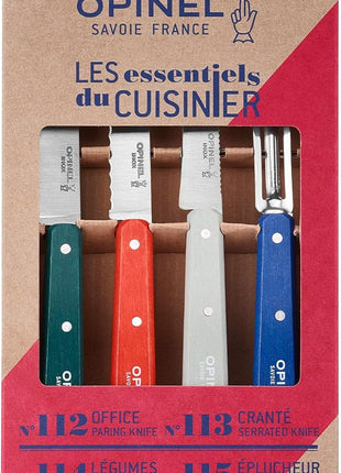 OPINEL Les Essentials - Small Kitchen 4 Piece Set - Paring, Serrated, Vegetable Knife, Peeler - Corrosion Resistant High Carbon Steel - Made in France (Primo)