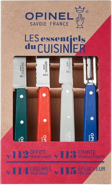 OPINEL Les Essentials - Small Kitchen 4 Piece Set - Paring, Serrated, Vegetable Knife, Peeler - Corrosion Resistant High Carbon Steel - Made in France (Primo)
