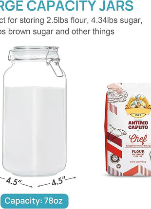 Vtopmart 78oz Glass Food Storage Jars with Airtight Clamp Lids, 3 Pack Large Kitchen Canisters for Flour, Cereal, Coffee, Pasta and Canning, Square Mason Jar with 8 Chalkboard Labels