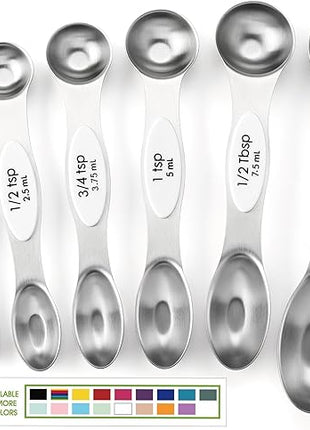 Spring Chef White Stainless Steel Magnetic Measuring Spoons Set of 8 with Leveler, Dual Sided Metal Teaspoon & Tablespoon Measuring Spoons, Fits in Spice Jars, Kitchen Gadgets for Baking & Cooking