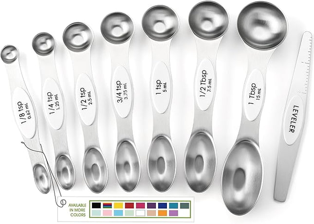 Spring Chef White Stainless Steel Magnetic Measuring Spoons Set of 8 with Leveler, Dual Sided Metal Teaspoon & Tablespoon Measuring Spoons, Fits in Spice Jars, Kitchen Gadgets for Baking & Cooking