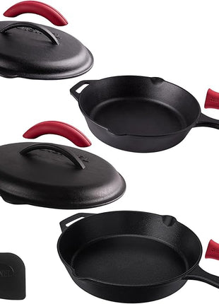 Cast Iron Skillet Set with Lids - 10"+12"-inch Pre-Seasoned Covered Frying Pan Set + Silicone Handle and Lid Holders + Scraper/Cleaner - Use Indoor/Outdoor, Oven, Stovetop, Fire, BBQ Kitchen Cookware